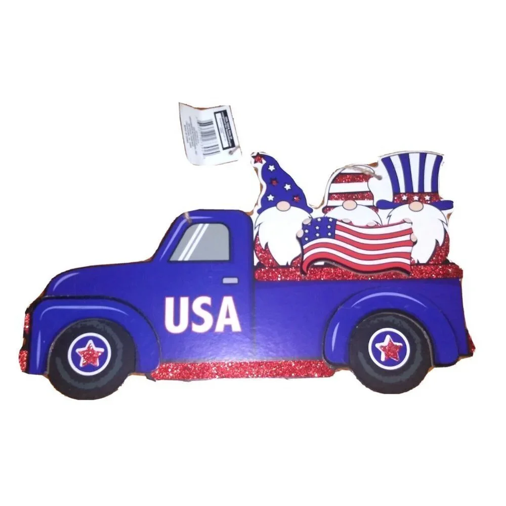 Lot of 2 Patriotic Pickup Trucks w/Gnomes & Flag 13